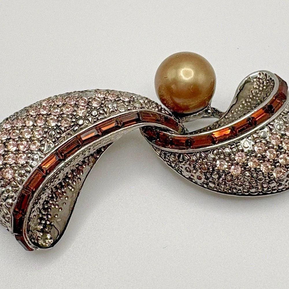 Vintage Rhinestone Brooch Faux Pearl Baguettes Champagne Pave Retro Pendant